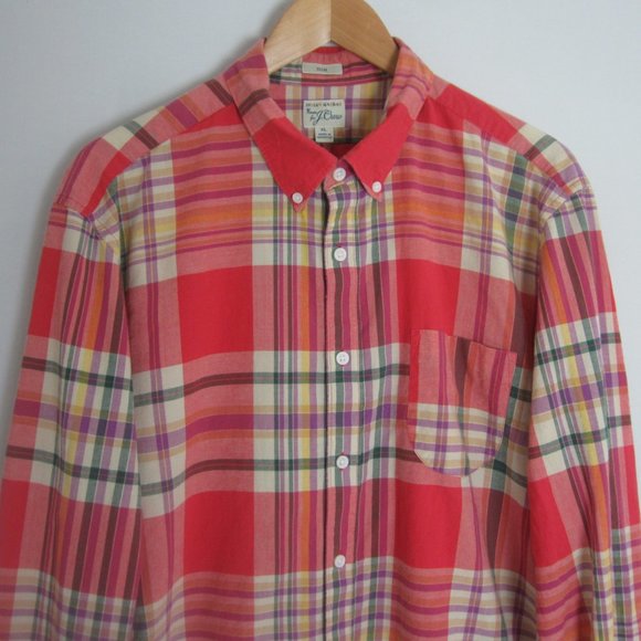 J. Crew Mens XL Slim Red LS Plaid India Madras 100% Cotton Button Down Shirt - Picture 1 of 10